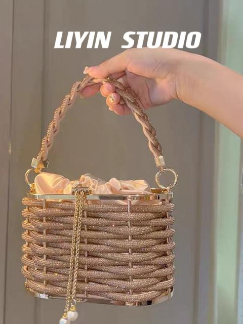 Heavy Hand-woven Shiny Rhinestone Strip Vegetable Basket Bag Banquet Shoulder Crossbody Handbag
