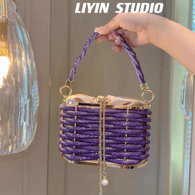 Heavy Hand-woven Shiny Rhinestone Strip Vegetable Basket Bag Banquet Shoulder Crossbody Handbag