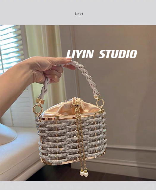 Heavy Hand-woven Shiny Rhinestone Strip Vegetable Basket Bag Banquet Shoulder Crossbody Handbag
