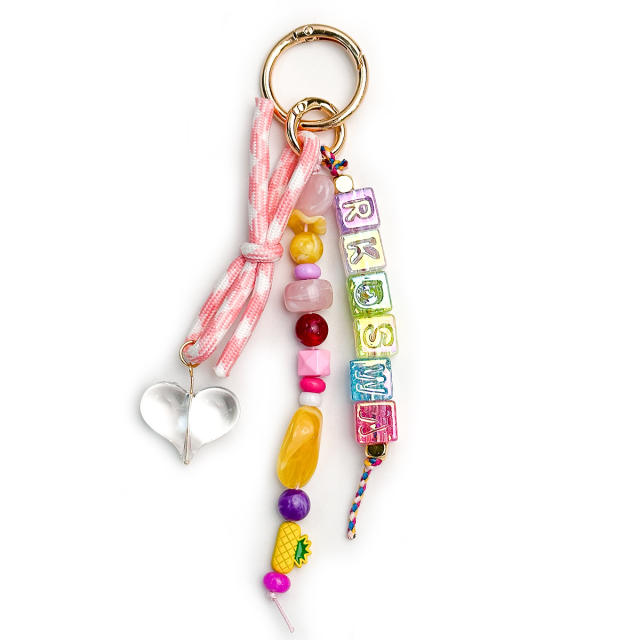 Dopamine Beaded Heart Keychain Acrylic Letter Bag charms Ins Style Colorful Beaded Ornament