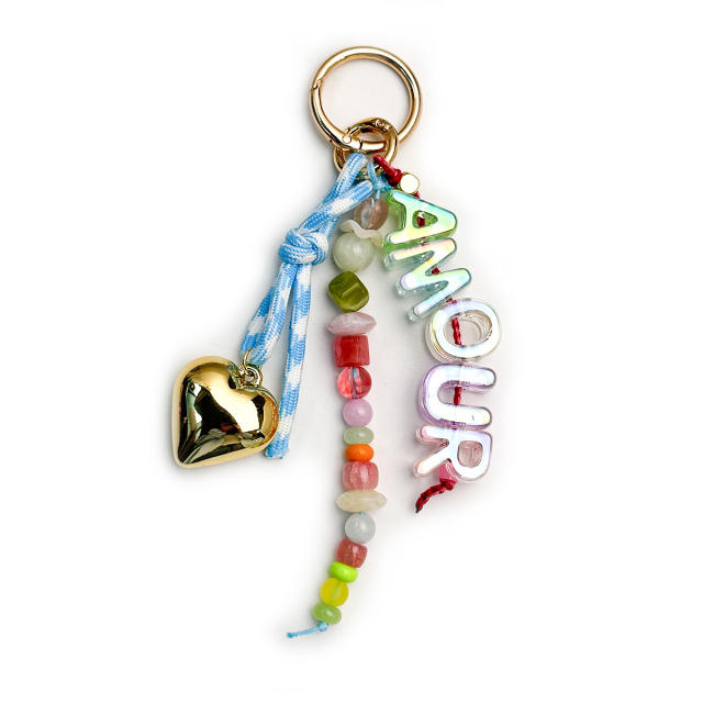Dopamine Beaded Heart Keychain Acrylic Letter Bag charms Ins Style Colorful Beaded Ornament