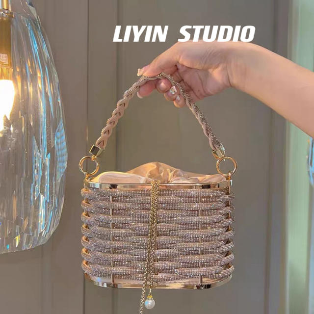 Heavy Hand-woven Shiny Rhinestone Strip Vegetable Basket Bag Banquet Shoulder Crossbody Handbag