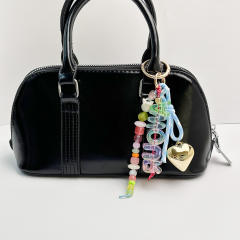 Dopamine Beaded Heart Keychain Acrylic Letter Bag charms Ins Style Colorful Beaded Ornament