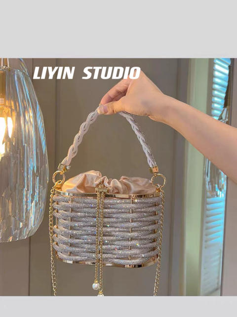 Heavy Hand-woven Shiny Rhinestone Strip Vegetable Basket Bag Banquet Shoulder Crossbody Handbag