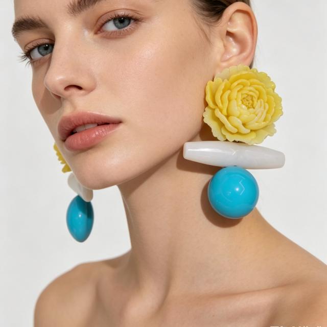 Gradient Yellow Peony Flower Earrings Resin Flower Blue Ball Earrings