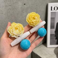 Gradient Yellow Peony Flower Earrings Resin Flower Blue Ball Earrings
