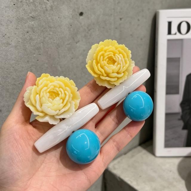 Gradient Yellow Peony Flower Earrings Resin Flower Blue Ball Earrings