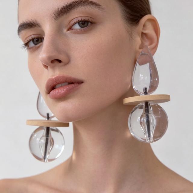 Summer Minimalist Geometric Wooden Patchwork Earrings Water Drop Transparent Ball Earrings