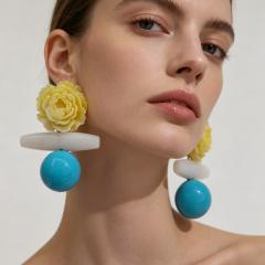 Gradient Yellow Peony Flower Earrings Resin Flower Blue Ball Earrings