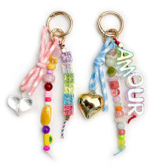 Dopamine Beaded Heart Keychain Acrylic Letter Bag charms Ins Style Colorful Beaded Ornament