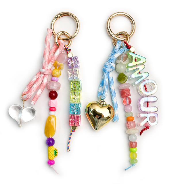 Dopamine Beaded Heart Keychain Acrylic Letter Bag charms Ins Style Colorful Beaded Ornament