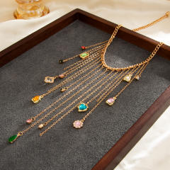 French trend colorful crystal heart pendant tassel necklace for women
