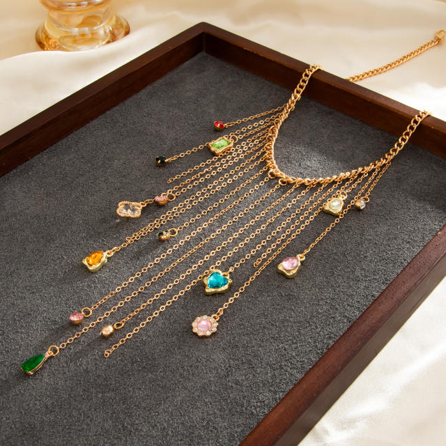 French trend colorful crystal heart pendant tassel necklace for women