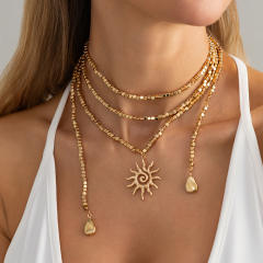 Long Flower Pendant Beaded Necklace Ins Square Beads Sun Y-Shaped Necklace Jewelry for Women