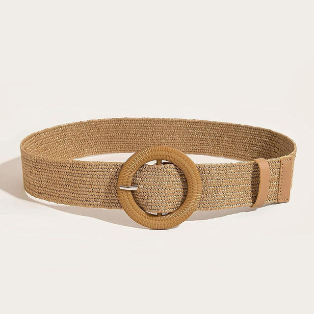 Bohemian Round Buckle PP Straw Belt Women's Dress Shirt Hand-Knitted Belt