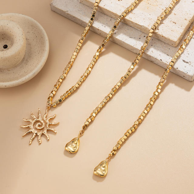 Long Flower Pendant Beaded Necklace Ins Square Beads Sun Y-Shaped Necklace Jewelry for Women
