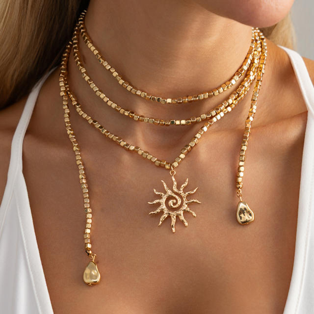 Long Flower Pendant Beaded Necklace Ins Square Beads Sun Y-Shaped Necklace Jewelry for Women