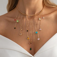 French trend colorful crystal heart pendant tassel necklace for women
