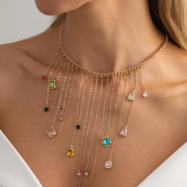French trend colorful crystal heart pendant tassel necklace for women