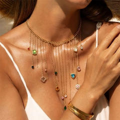 French trend colorful crystal heart pendant tassel necklace for women