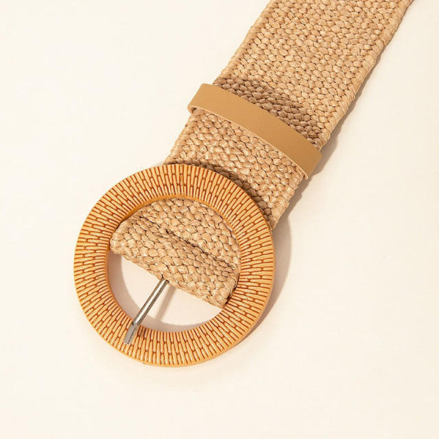 Bohemian Round Buckle PP Straw Belt Women's Dress Shirt Hand-Knitted Belt