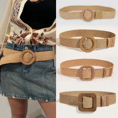 Bohemian Round Buckle PP Straw Belt Women's Dress Shirt Hand-Knitted Belt