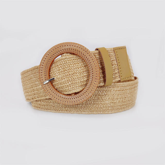 Bohemian Round Buckle PP Straw Belt Women's Dress Shirt Hand-Knitted Belt