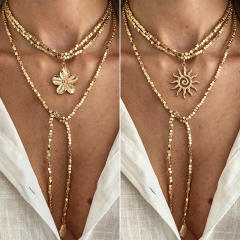 Long Flower Pendant Beaded Necklace Ins Square Beads Sun Y-Shaped Necklace Jewelry for Women
