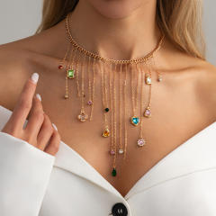 French trend colorful crystal heart pendant tassel necklace for women