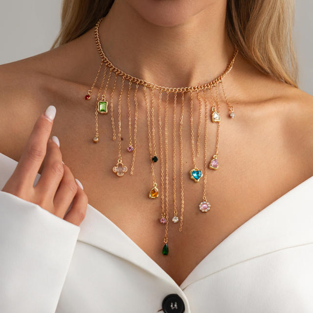 French trend colorful crystal heart pendant tassel necklace for women