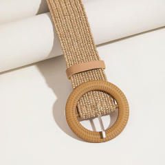 Bohemian Round Buckle PP Straw Belt Women's Dress Shirt Hand-Knitted Belt