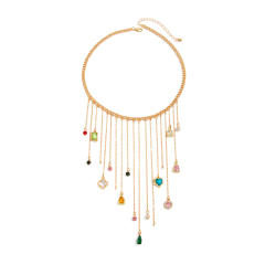 French trend colorful crystal heart pendant tassel necklace for women
