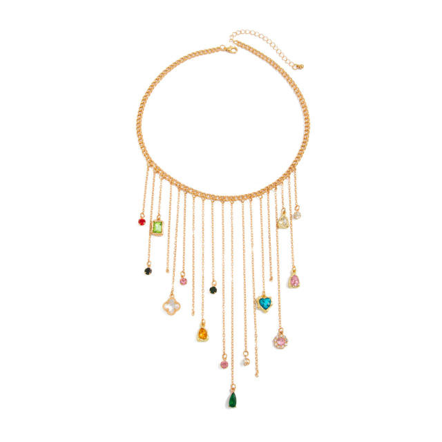 French trend colorful crystal heart pendant tassel necklace for women