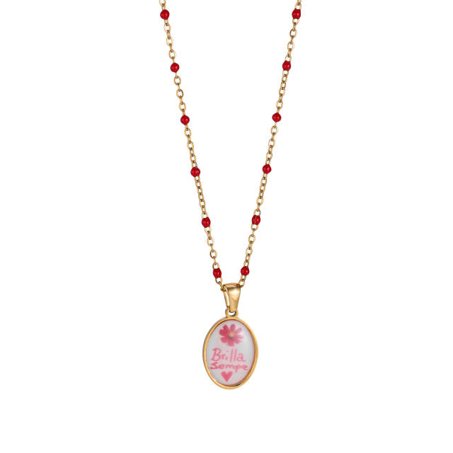 Sweet Style Stainless Steel necklace Colorful Seed Bead Chain with Oil-Drip Dried Flower Pendant
