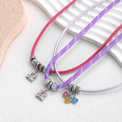 Stainless Steel Beaded Necklace with Colorful Leather Cord and Mom Heart Pendant