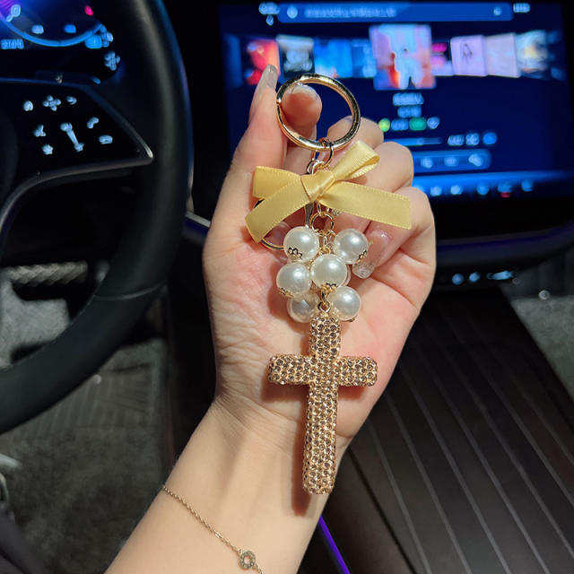Creative Beaded Bow Cross Keychain Clay Full Diamond Exquisite Bag Hanging Accessories