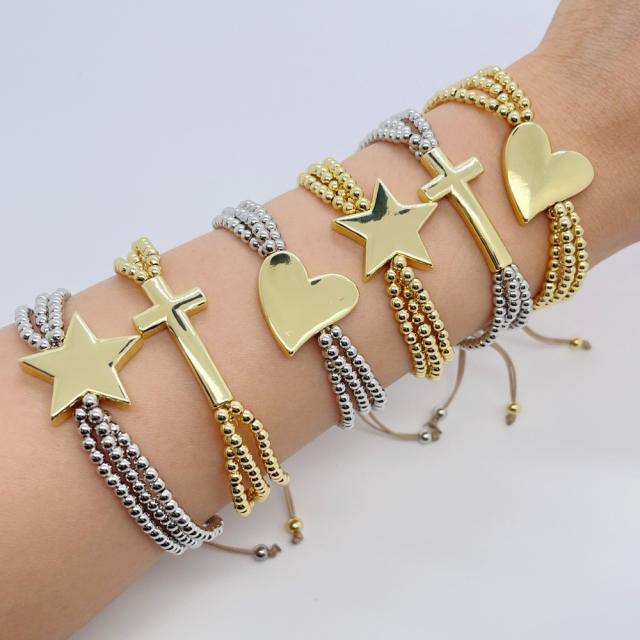 Ins Personalized Ethnic Style Cross Stacked Beaded 18K Copper Plated Real Gold Bead Bracelet for Men Women