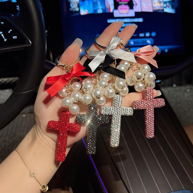 Creative Beaded Bow Cross Keychain Clay Full Diamond Exquisite Bag Hanging Accessories