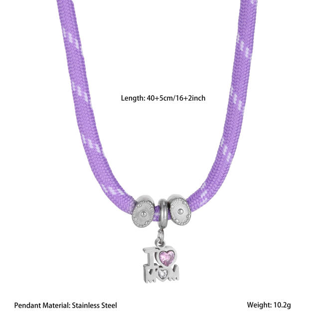 Stainless Steel Beaded Necklace with Colorful Leather Cord and Mom Heart Pendant