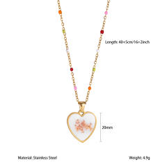 Sweet Style Stainless Steel necklace Colorful Seed Bead Chain with Oil-Drip Dried Flower Pendant