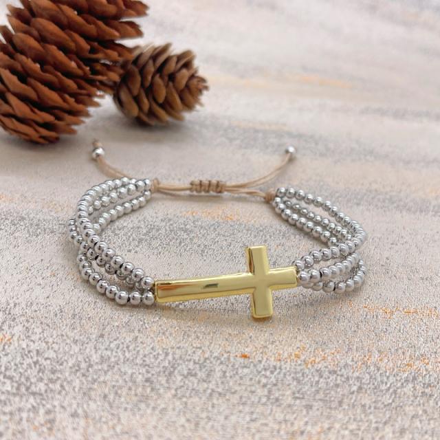 Ins Personalized Ethnic Style Cross Stacked Beaded 18K Copper Plated Real Gold Bead Bracelet for Men Women