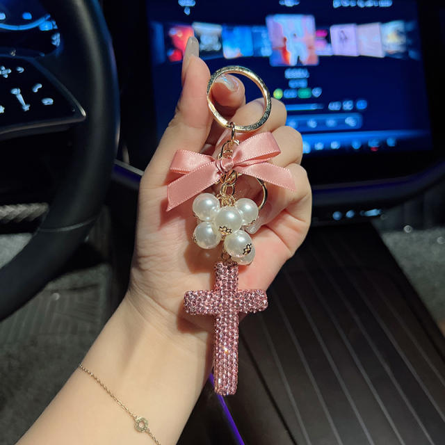 Creative Beaded Bow Cross Keychain Clay Full Diamond Exquisite Bag Hanging Accessories