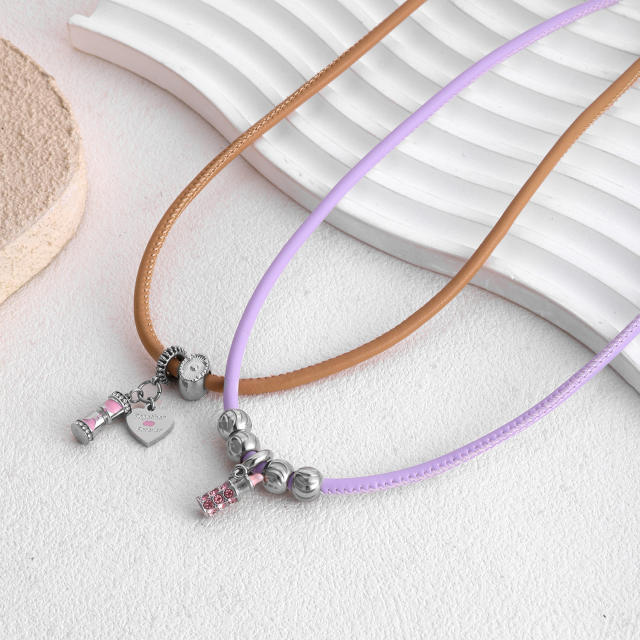 Sweet-Cool Style Leather Cord Necklace with Stainless Steel Beaded Lipstick Pendant