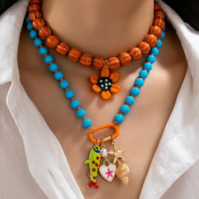 Summer ocean beach style colorful bead flower pendant necklace for women