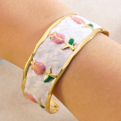 Hot sale enamel tulip flower stainless steel bangle bracelet