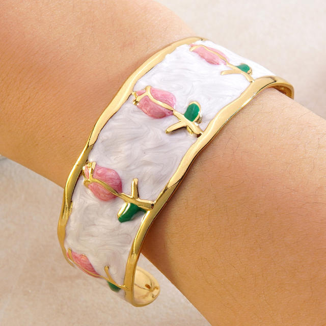 Hot sale enamel tulip flower stainless steel bangle bracelet