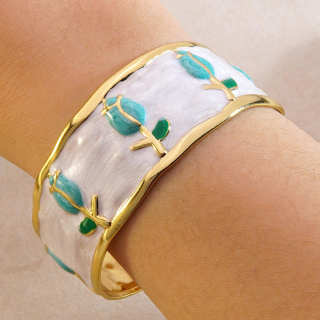 Hot sale enamel tulip flower stainless steel bangle bracelet