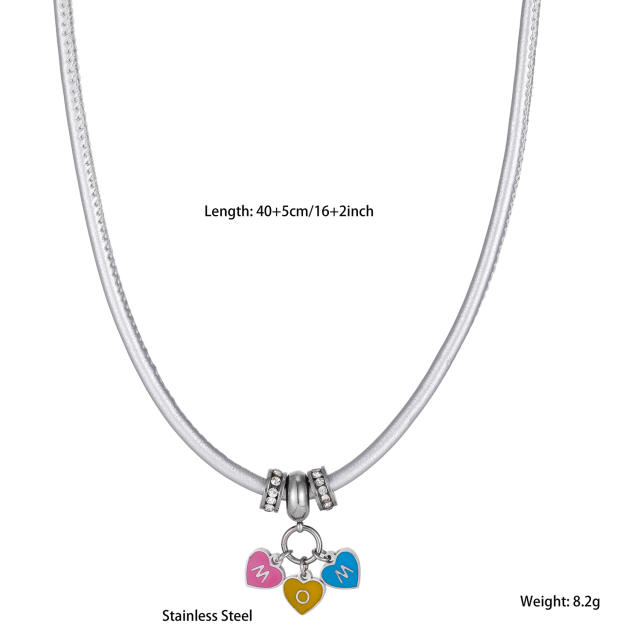 Stainless Steel Beaded Necklace with Colorful Leather Cord and Mom Heart Pendant