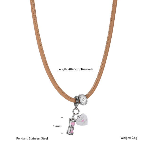 Sweet-Cool Style Leather Cord Necklace with Stainless Steel Beaded Lipstick Pendant