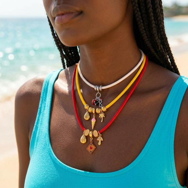 Colorful Leather Cord Beaded Necklace Fun Stainless Steel Poker Lipstick Pendant Stylish necklace